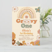 Groovy One Floral Rainbow 1e Verjaardag uitnodigin Kaart (Staand voorkant)
