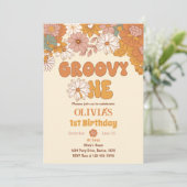 Groovy One Floral Retro 1e Verjaardag Uitnodiging (Staand voorkant)