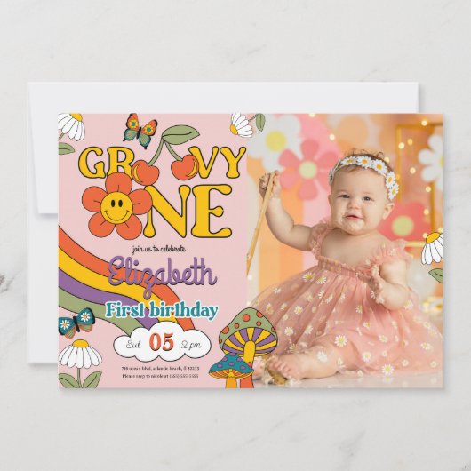 Groovy One Flower Verjaardag Foto uitnodiging (Voorkant)