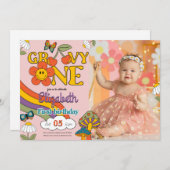 Groovy One Flower Verjaardag Foto uitnodiging (Voorkant / Achterkant)