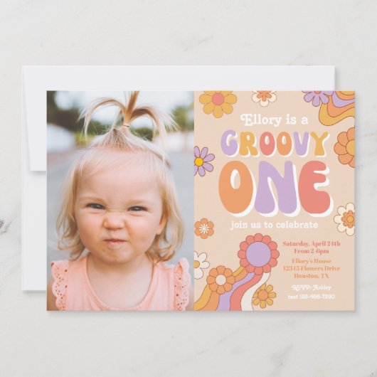 Groovy One-fotouitnodiging | Hippie Birthday Kaart (Voorkant)