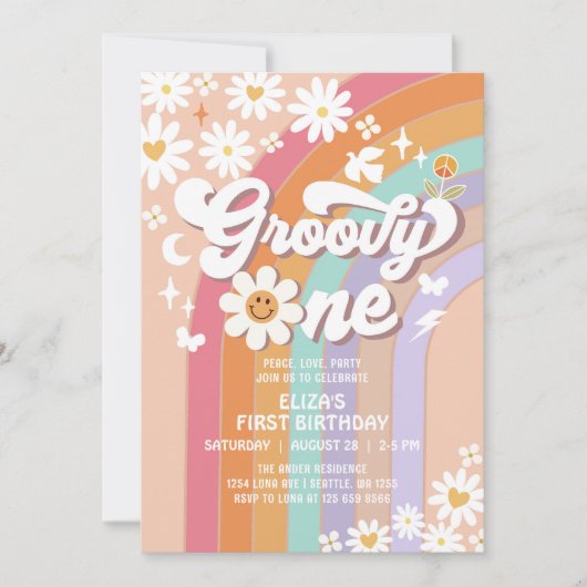 Groovy ONE Hippie 70's Rainbow Retro 1e verjaardag Kaart (Voorkant)