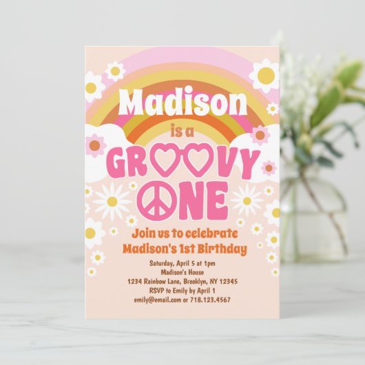 Groovy ONE Hippie Party 1st Birthday Uitnodiging (Staand voorkant)