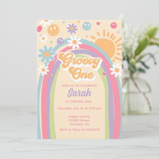 Groovy One Invite Rainbow Groovy ONE 1e Verjaardag Kaart (Staand voorkant)