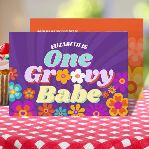 Groovy One Kleurrijke Retro Floral Baby Verjaardag Kaart