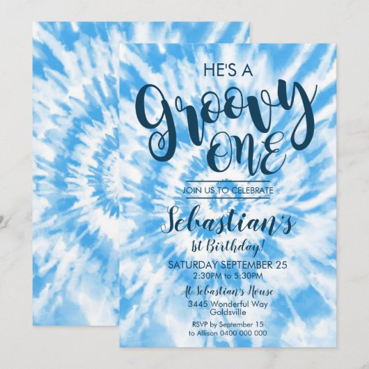 Groovy One Party Invitation Hippy Tie Dye Boy Kaart (Voorkant / Achterkant)