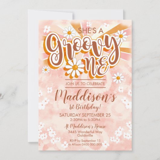 Groovy One Party Invitation Hippy Tie Dye Daisy Kaart (Voorkant)