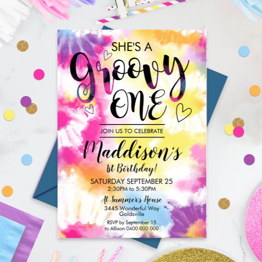 Groovy One Party Invitation Hippy Tie Dye Kaart