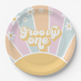 Groovy One pastel Retro Zonneschijn madeliefje boh Papieren Bordje