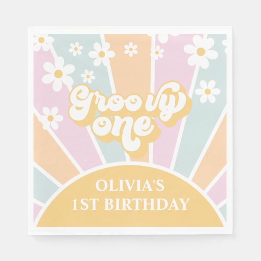 Groovy One pastel Retro Zonneschijn madeliefje boh Servet (Voorkant)