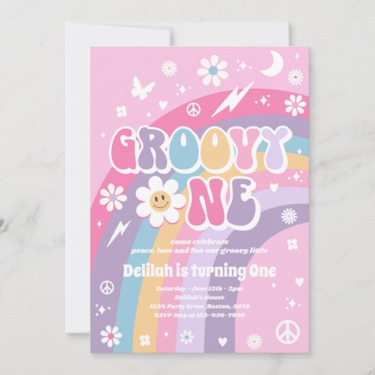 Groovy One Peace Love Party Rainbow Birthday Party Kaart (Voorkant)