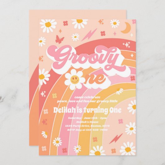 Groovy One Peace Love Party Rainbow Birthday Party Kaart (Voorkant / Achterkant)