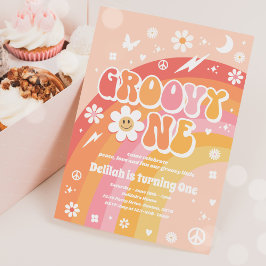 Groovy One Peace Love Party Rainbow Birthday Party Kaart