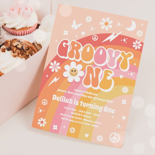 Groovy One Peace Love Party Rainbow Birthday Party Kaart