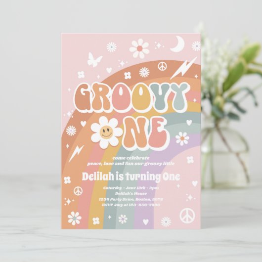 Groovy One Peace Love Party Rainbow Birthday Party Kaart (Staand voorkant)