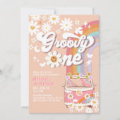 Groovy ONE Pink Daisy Rainbow Hippie 1e verjaardag Kaart (Voorkant)