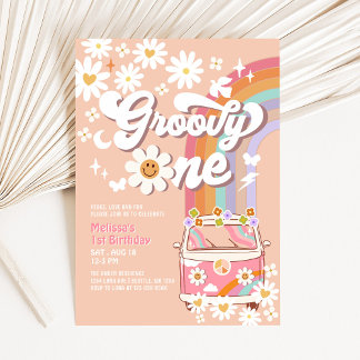 Groovy ONE Pink Daisy Rainbow Hippie 1e verjaardag Kaart