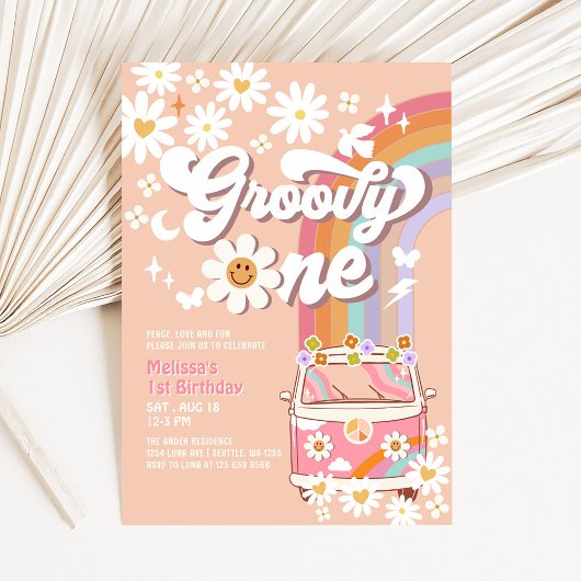 Groovy ONE Pink Daisy Rainbow Hippie 1e verjaardag Kaart