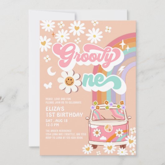 Groovy ONE Pink Daisy Rainbow Van 1e Verjaardag Kaart (Voorkant)