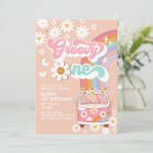 Groovy ONE Pink Daisy Rainbow Van 1e Verjaardag Kaart (Staand voorkant)