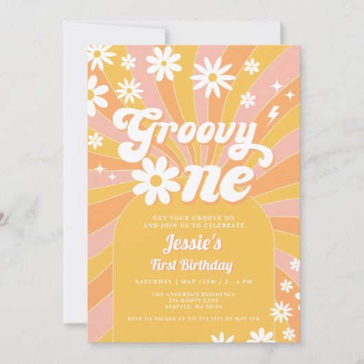 Groovy One Pink Daisy Sunshine 70's 1e Verjaardag Kaart (Voorkant)