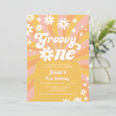 Groovy One Pink Daisy Sunshine 70's 1e Verjaardag Kaart (Staand voorkant)