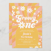 Groovy One Pink Daisy Sunshine 70's 1e Verjaardag Kaart (Voorkant / Achterkant)