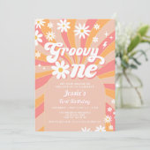 Groovy One Pink Daisy Sunshine Retro 1e Verjaardag Kaart (Staand voorkant)