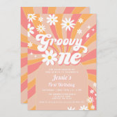 Groovy One Pink Daisy Sunshine Retro 1e Verjaardag Kaart (Voorkant / Achterkant)