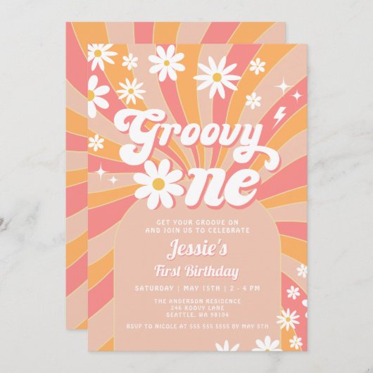 Groovy One Pink Daisy Sunshine Retro 1e Verjaardag Kaart (Voorkant / Achterkant)