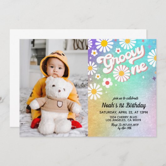 Groovy One Portret 1e verjaardag Uitnodiging (Voorkant / Achterkant)