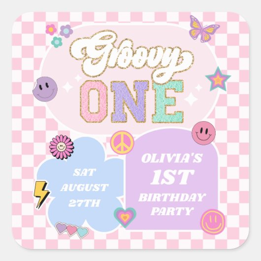 Groovy One Preppy Patch 1e verjaardagsfeestje Vierkante Sticker (Voorkant)