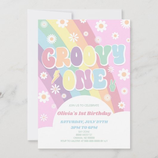 Groovy One Rainbow Daisy Retro 1e verjaardagsfeest Kaart (Voorkant)