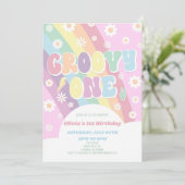 Groovy One Rainbow Daisy Retro 1e verjaardagsfeest Kaart (Staand voorkant)