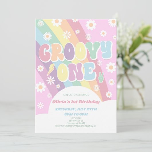 Groovy One Rainbow Daisy Retro 1e verjaardagsfeest Kaart (Staand voorkant)