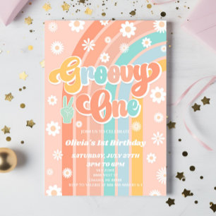 Groovy One Rainbow Daisy Retro 1e verjaardagsfeest Kaart