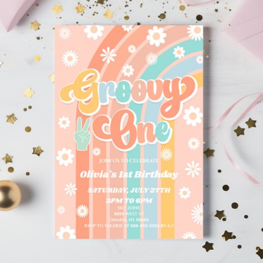 Groovy One Rainbow Daisy Retro 1e verjaardagsfeest Kaart