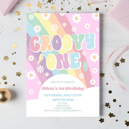 Groovy One Rainbow Daisy Retro 1e verjaardagsfeest Kaart