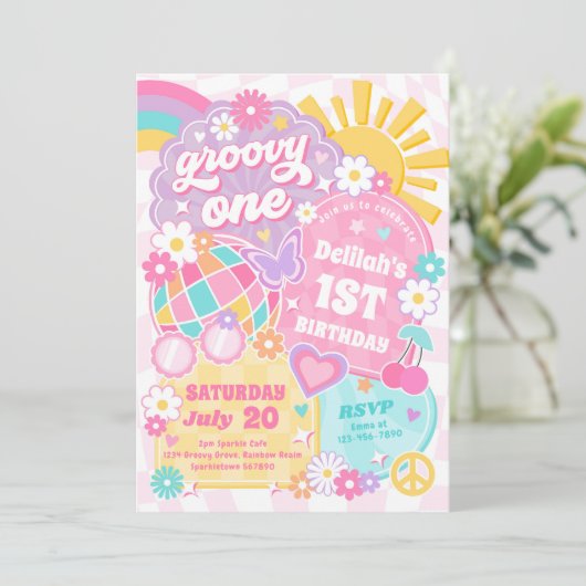 Groovy One Rainbow Sunshine 1e verjaardagsfeestje Kaart (Staand voorkant)