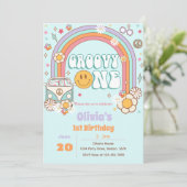 Groovy One Regenboog Bloem 1e Verjaardag Uitnodigi Kaart (Staand voorkant)