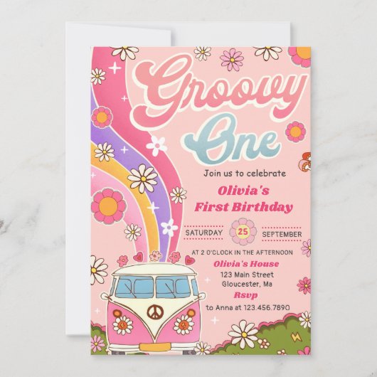 Groovy One Regenboog Bloemen 1e Verjaardagsfeest Kaart (Voorkant)
