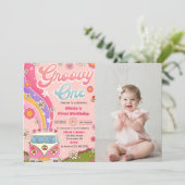 Groovy One Regenboog Bloemen 1e Verjaardagsfeestfo Kaart (Staand voorkant)