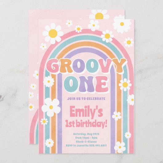 Groovy One Retro 1e verjaardag Uitnodiging (Voorkant / Achterkant)