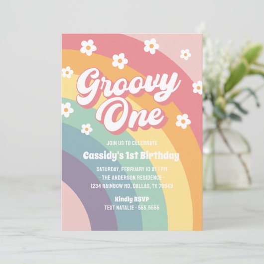 Groovy One Retro 70s Rainbow Daisy 1e verjaardag Kaart (Staand voorkant)