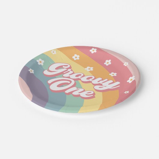 Groovy One Retro 70s Rainbow Daisy 1e verjaardag Papieren Bordje (Gekanteld)