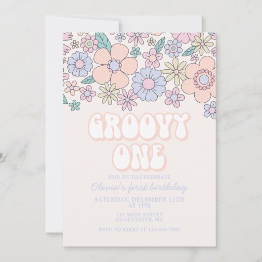 Groovy One Retro Bloem 1e verjaardag Uitnodiging (Voorkant)