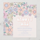 Groovy One Retro Bloem 1e verjaardag Uitnodiging (Voorkant / Achterkant)