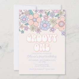 Groovy One Retro Bloem 1e verjaardag Uitnodiging