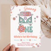 Groovy One Retro Bloemen 1e Verjaardag Uitnodiging
