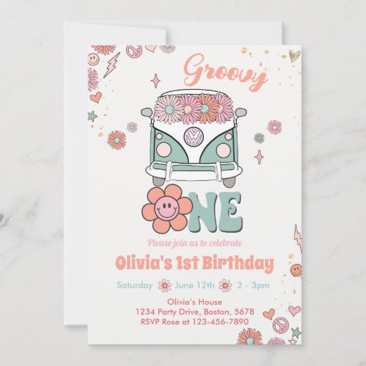 Groovy One Retro Bloemen 1e Verjaardag Uitnodiging (Voorkant)